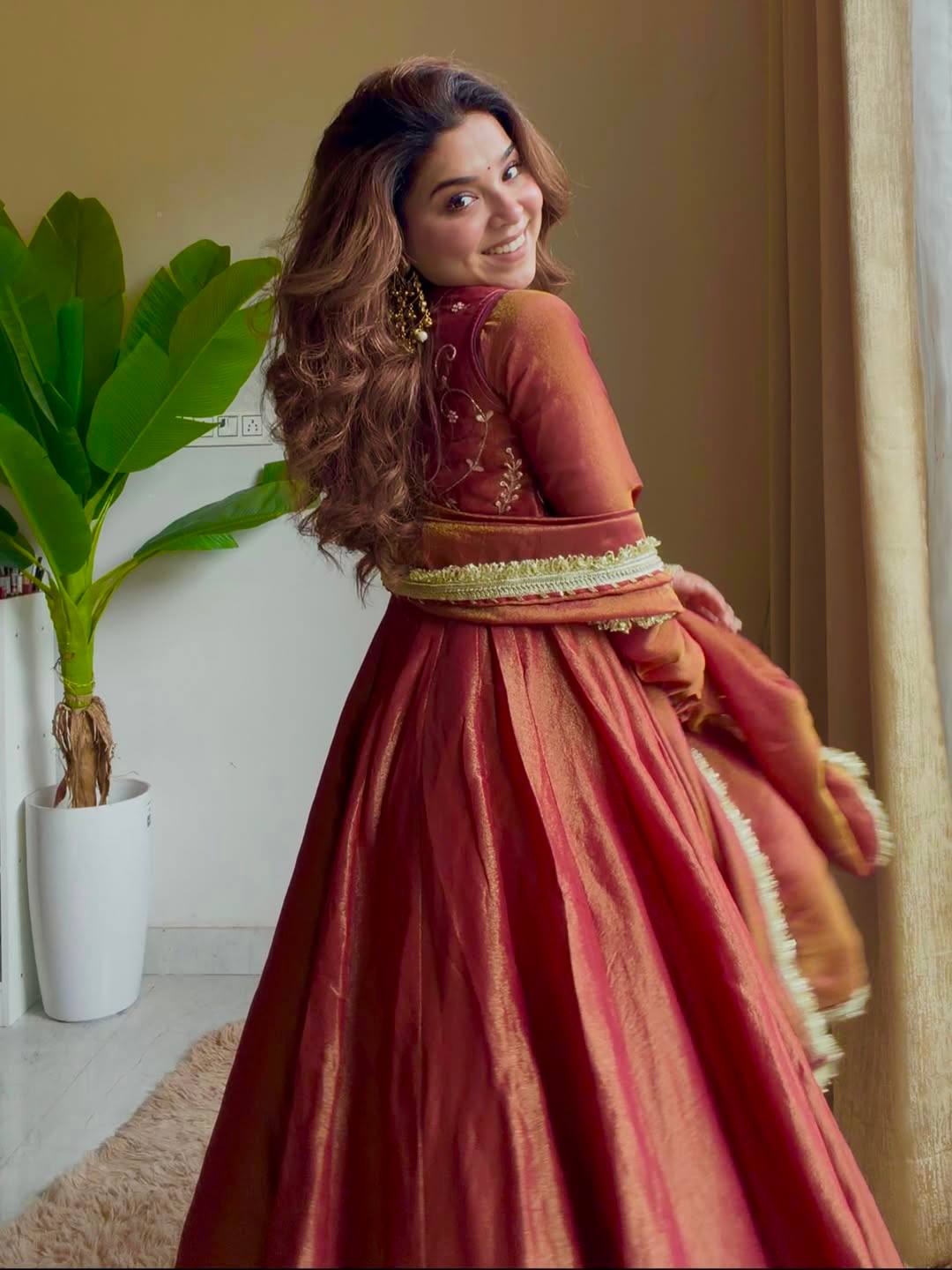 Red Silk Anarkali Suit With Gold Embroidery And Matching Dupatta