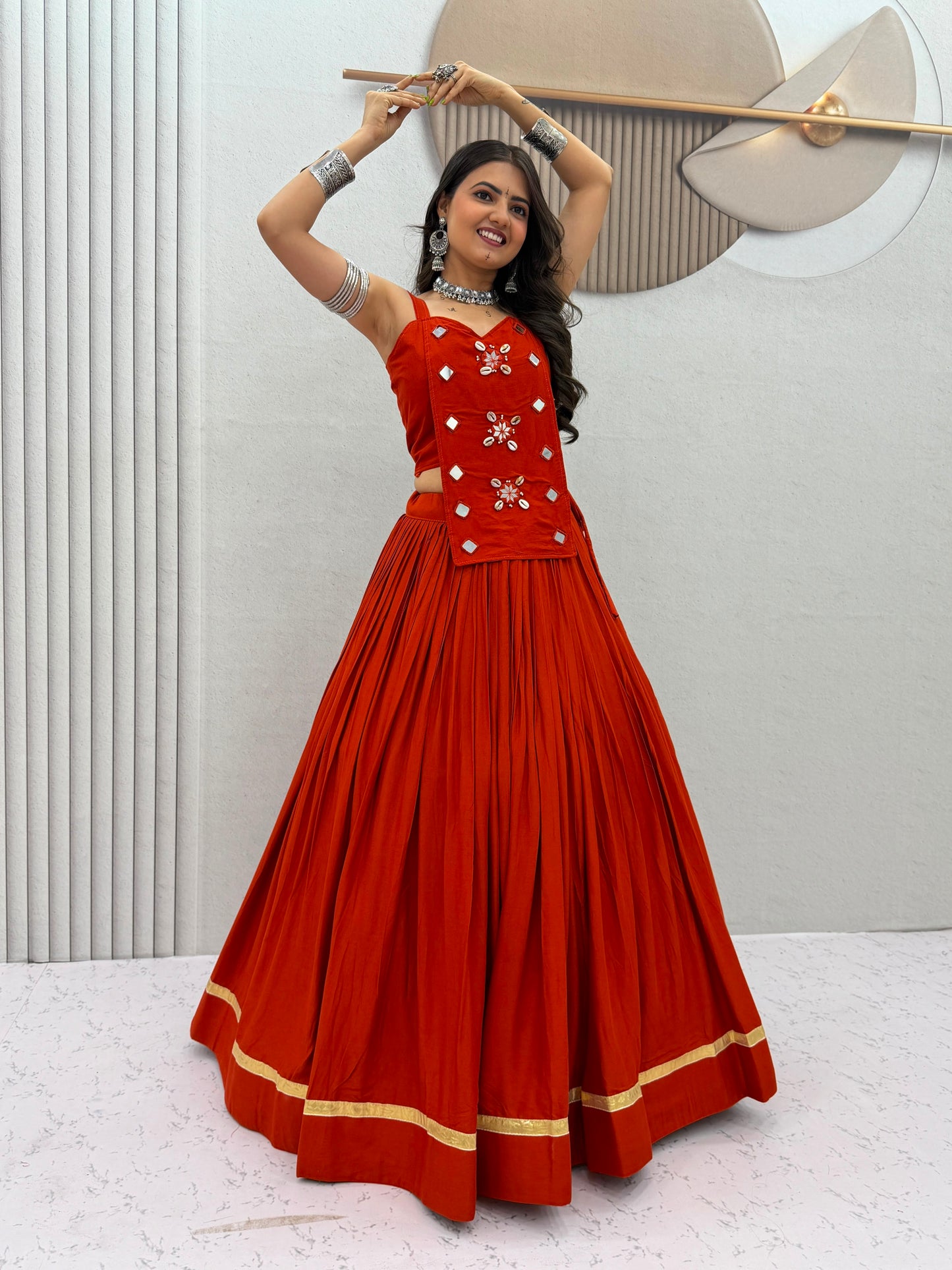 6 Meter Flair Orange Plain Lehenga Choli With Mirror Work Jacket