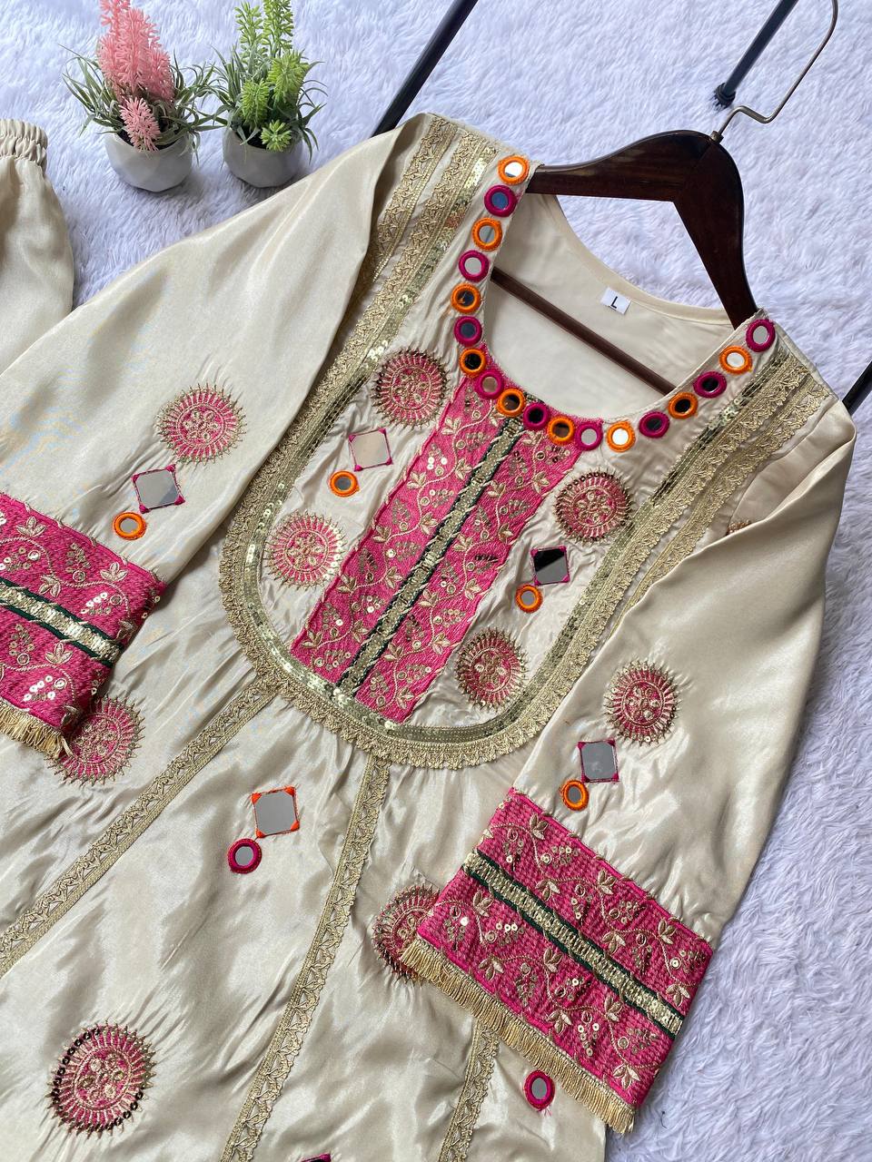 Ivory Mirror And Gota Patti Embroidered Co-ord Set With Potli Bag
