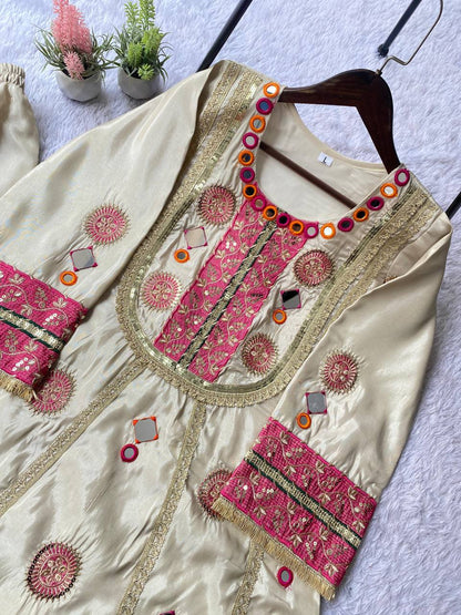 Ivory Mirror And Gota Patti Embroidered Co-ord Set With Potli Bag