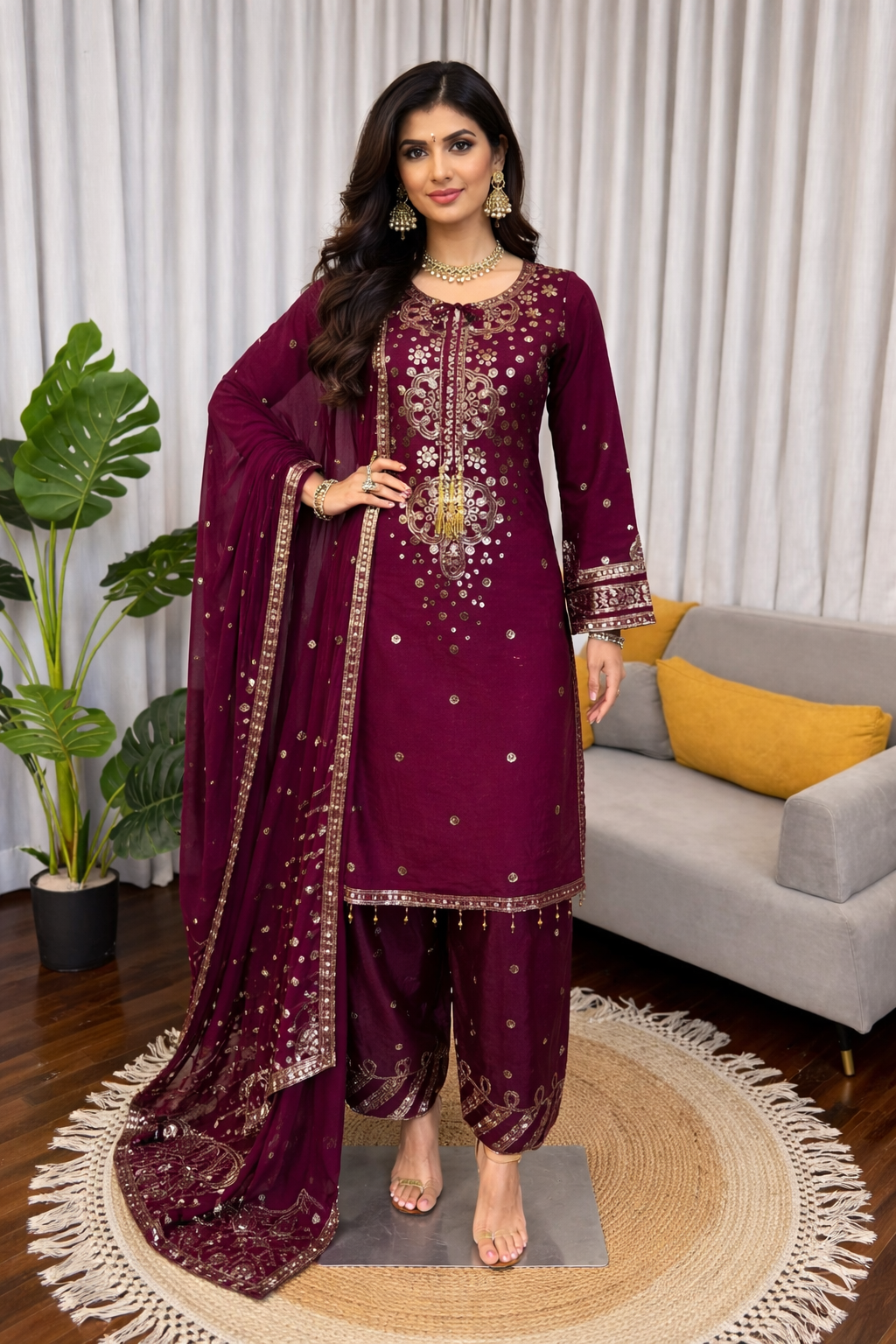Wine Embroidered Straight Suit Set With Sequin Dupatta