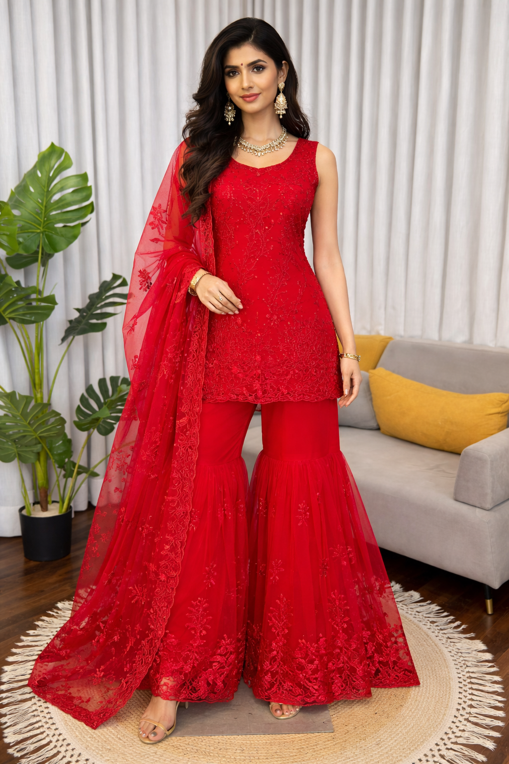 Red Embroidered Net Sharara Suit Set With Sleeveless Top And Dupatta