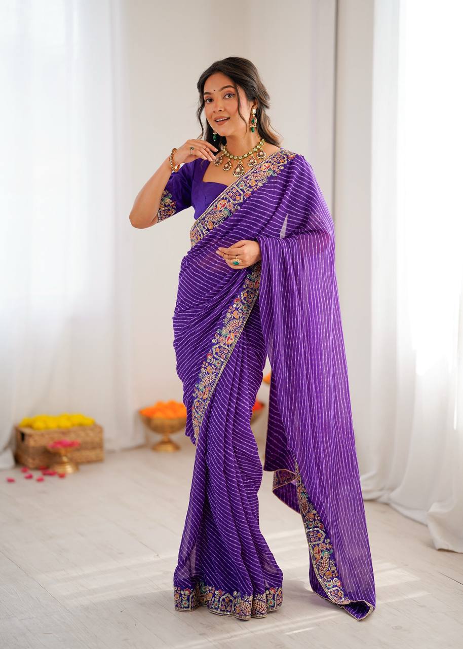 Purple Leheriya Saree with Multi-Colour Thread Embroidered Border And Blouse