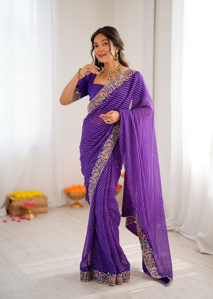 Purple Leheriya Saree with Multi-Colour Thread Embroidered Border And Blouse