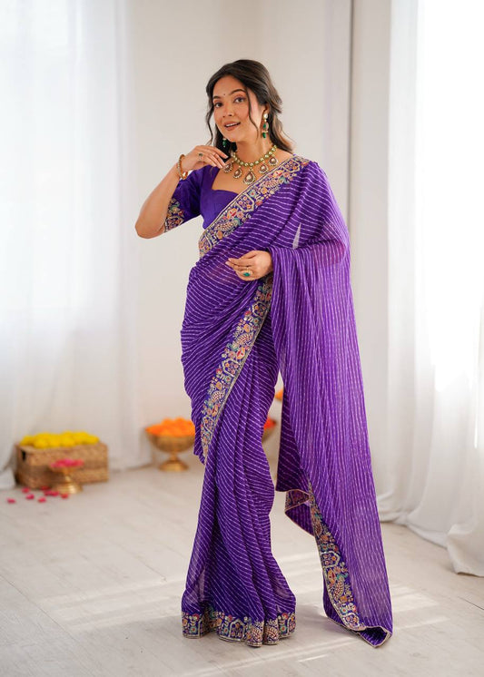 Purple Leheriya Saree with Multi-Colour Thread Embroidered Border And Blouse