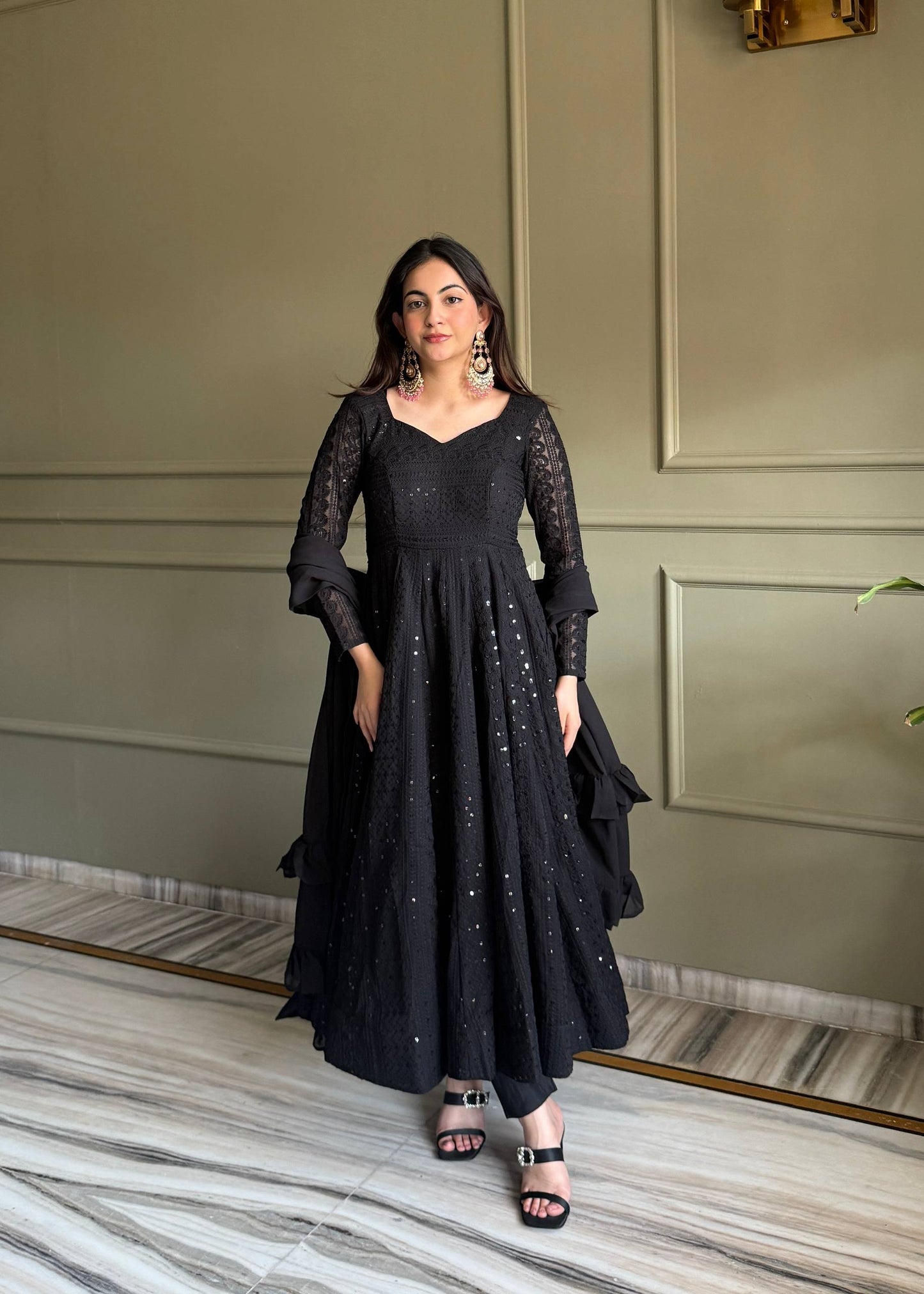 Elegant Black Anarkali Gown with Sparkling Details