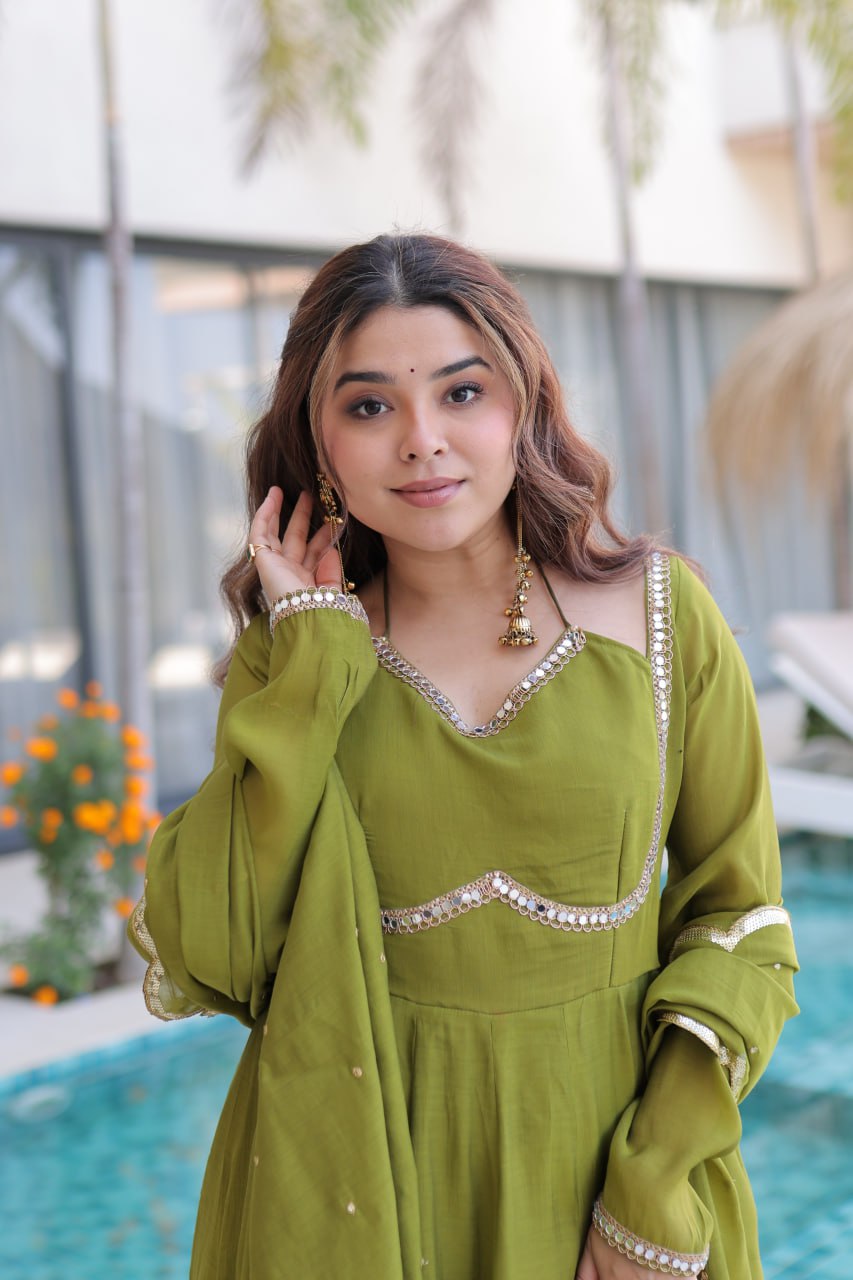 Olive Green Anarkali Suit With Mirror Work And Dupatta
