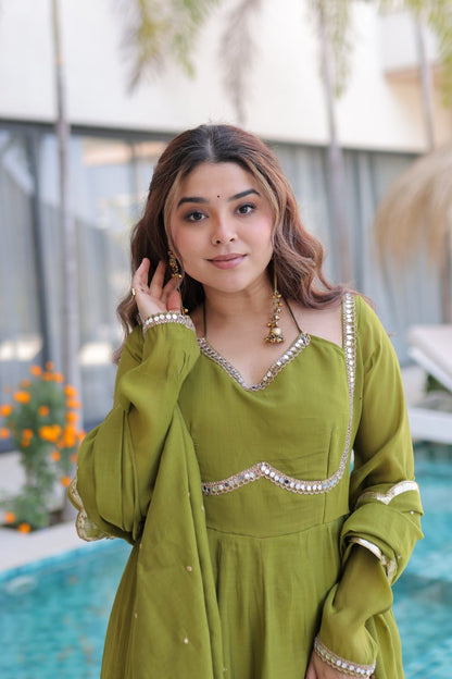 Olive Green Anarkali Suit With Mirror Work And Dupatta