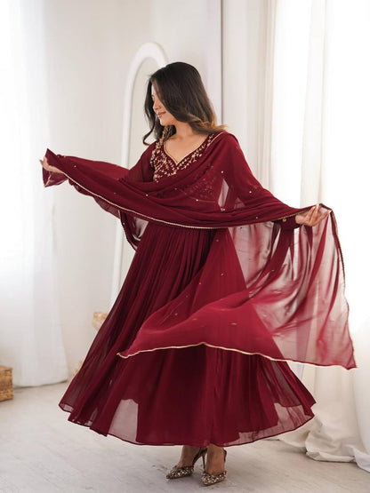 Maroon Anarkali Suit With Gold Embroidery And Dupatta