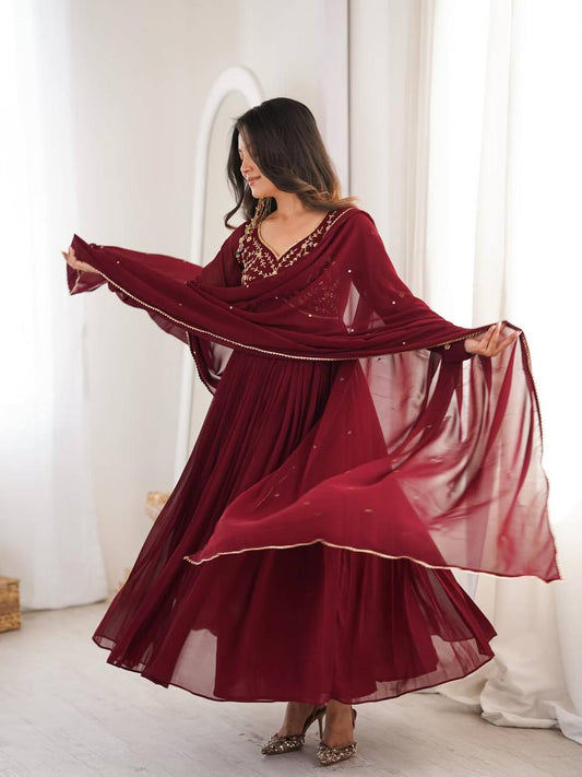 Maroon Anarkali Suit With Gold Embroidery And Dupatta