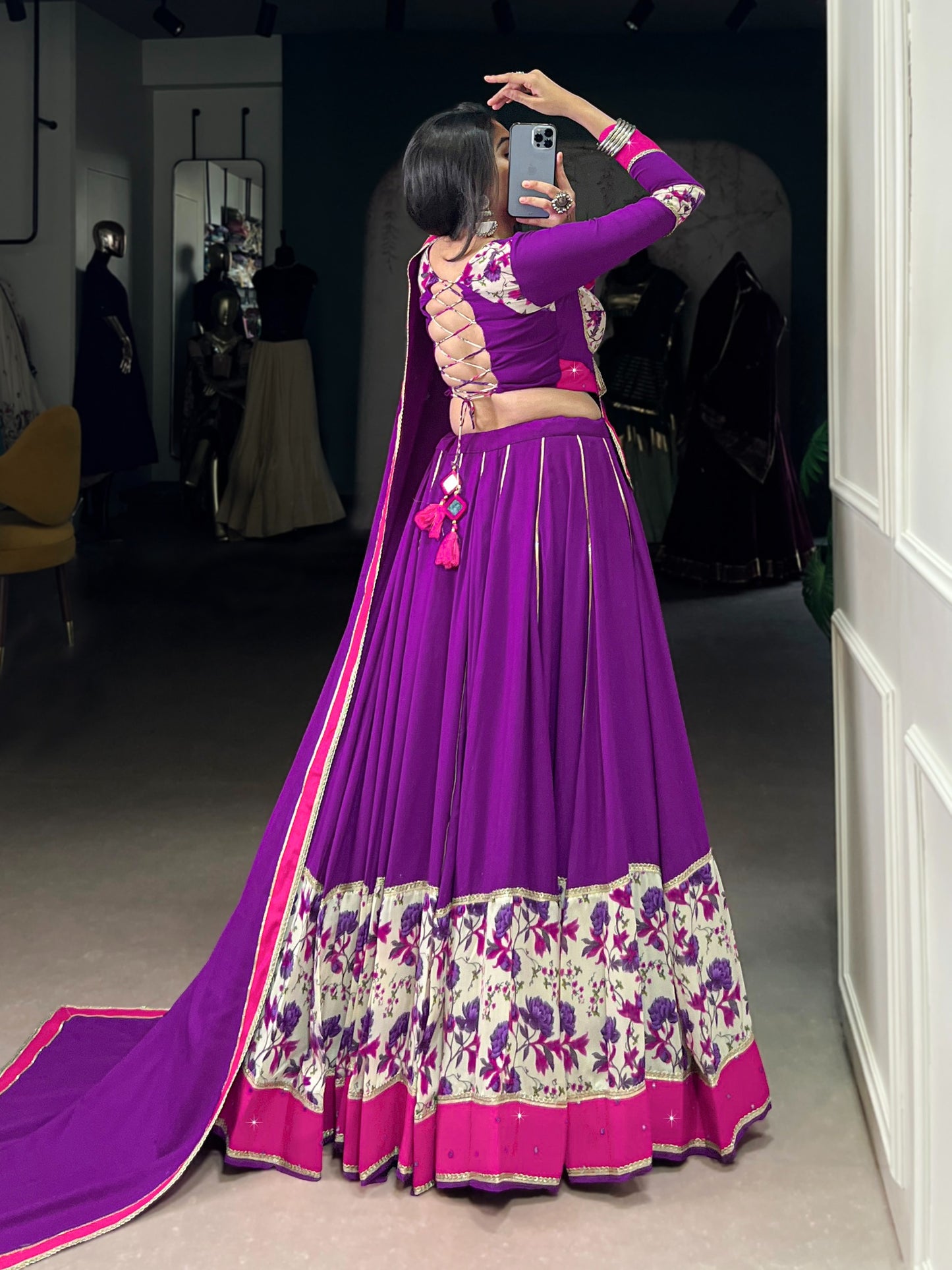 7 Meter Flair Purple Pink Floral Border Lehenga Choli With Printed Patchwork