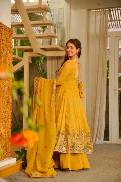 Yellow Embroidered Anarkali Suit With Floral Dupatta And Plazzo