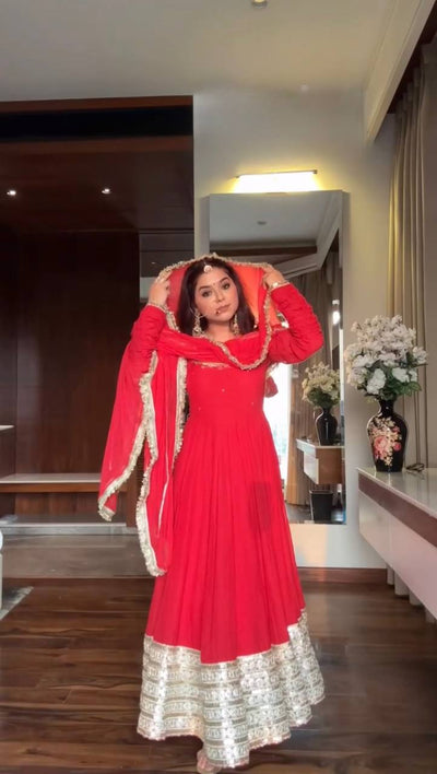 Red Anarkali Suit With Gold Embroidery