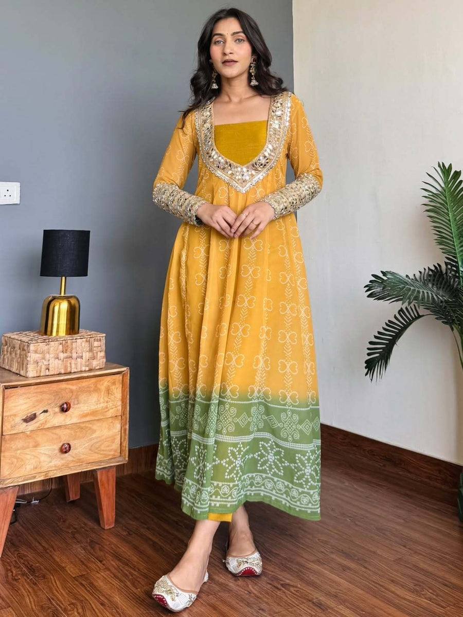 Yellow Anarkali Suit With Mirror Work And Green Bandhani Print