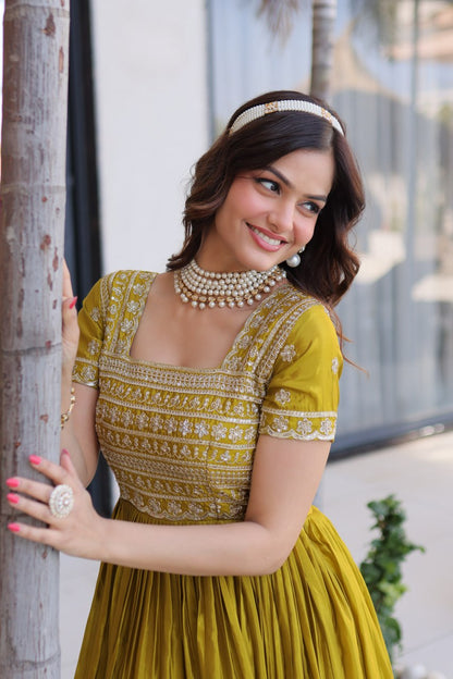 Mehendi Green Silk Anarkali Gown With Heavy Zari Embroidered
