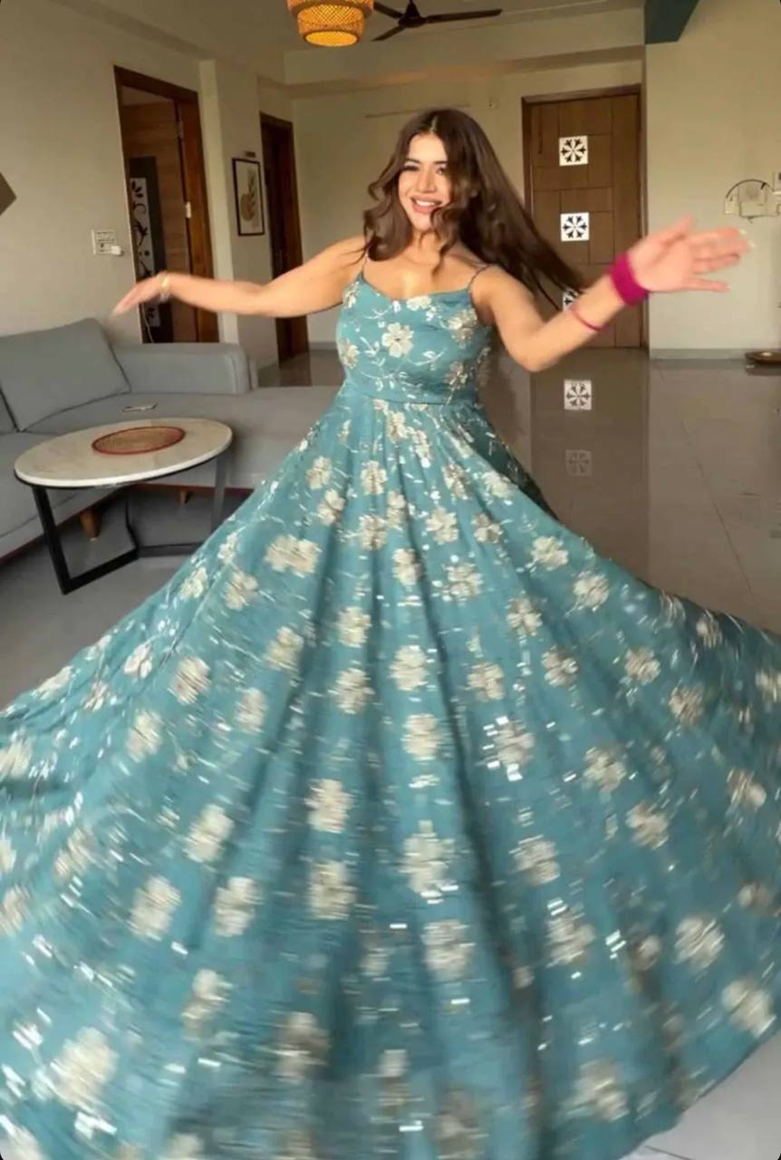 Teal Blue Crunchy Tissue Anarkali With Gold Zari Floral Embroidery