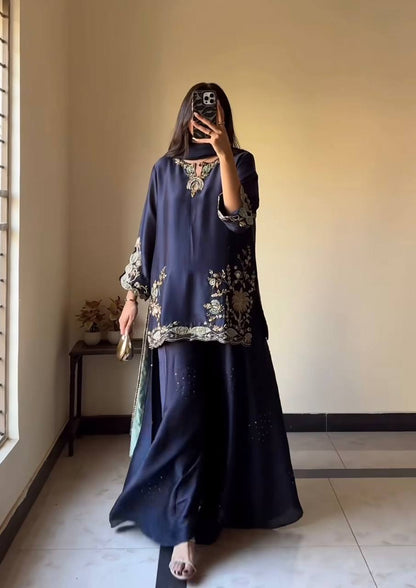 Navy Blue Satin Silk Sharara Suit Set With Gold Zari Floral Embroidery