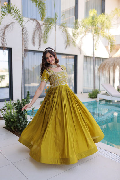 Mehendi Green Silk Anarkali Gown With Heavy Zari Embroidered