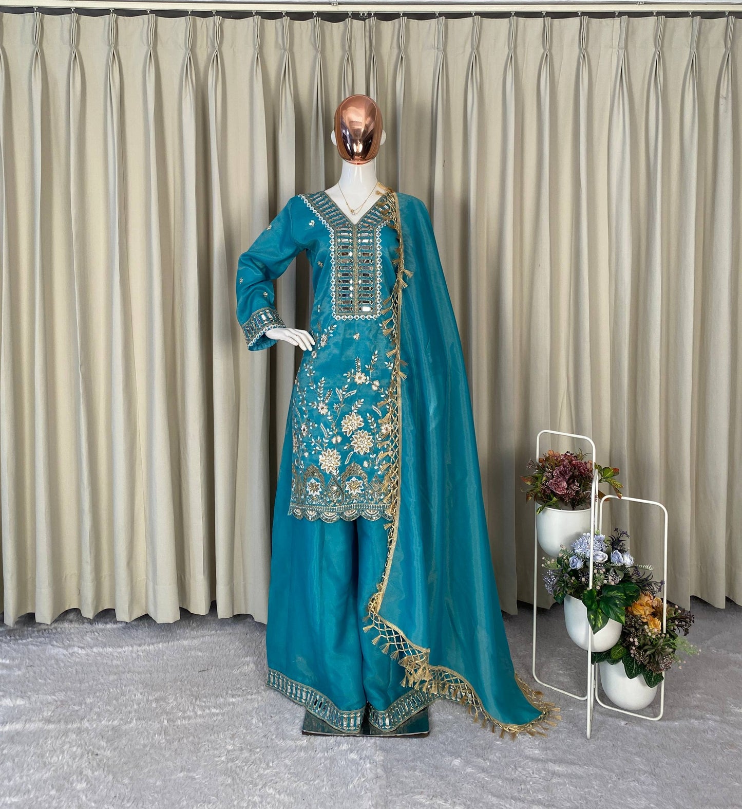 Elegant Embroidery And Mirror Work Sharara Suit With Dupatta