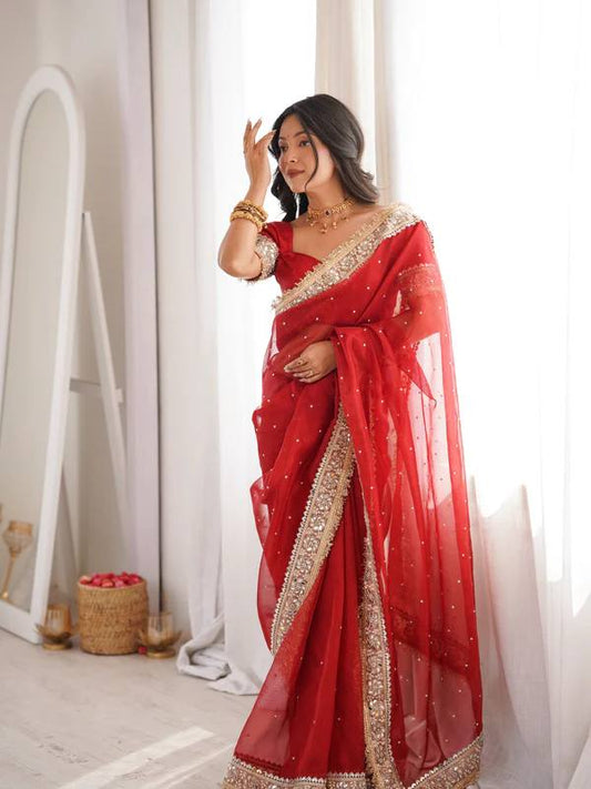 Red Fandy Satin Saree With Gold Embroidery And Mirror Work