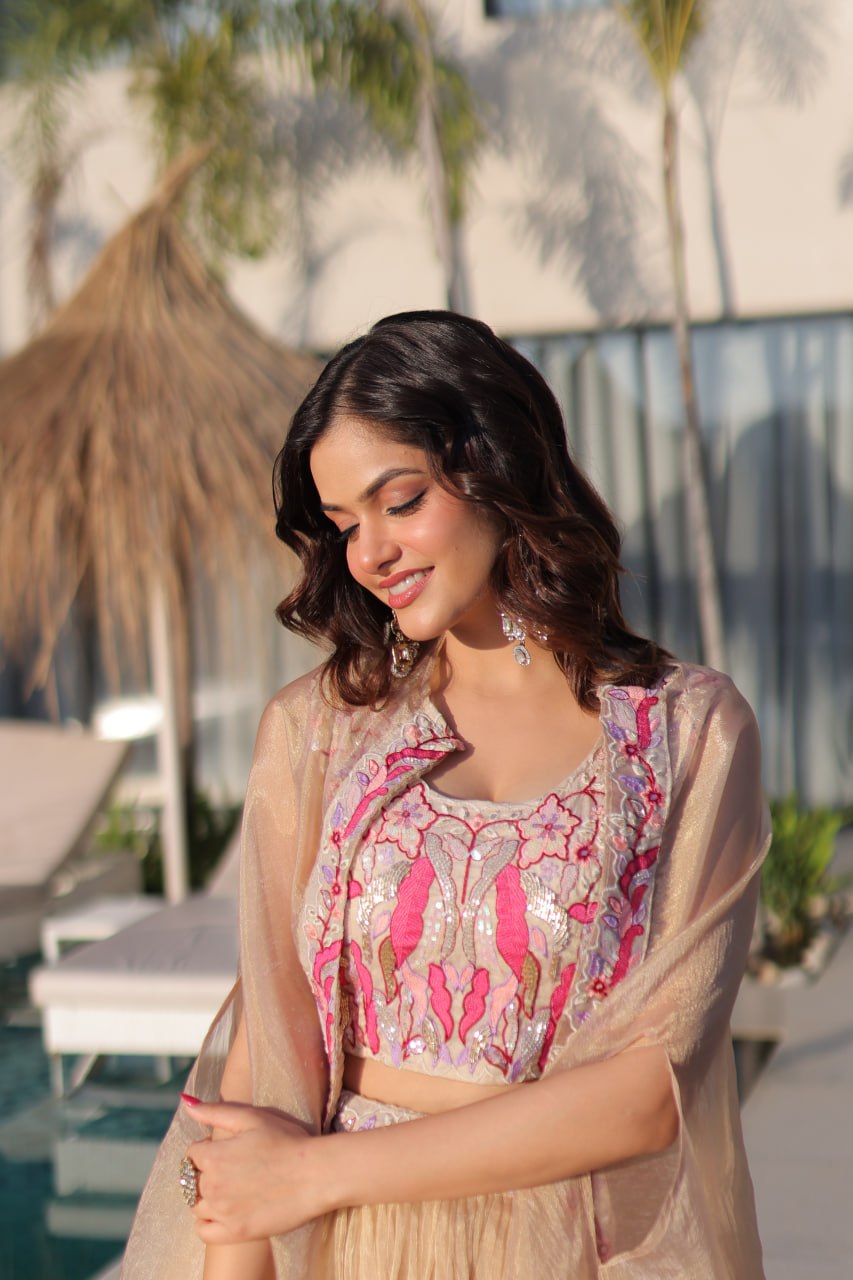 Dusty Pink Sequined Embroidered Lehenga Set With Beads Work Blouse