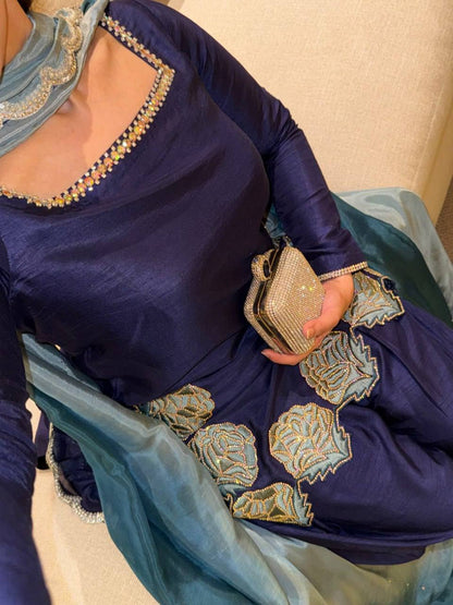 Navy Blue Farshi Suit With Sequnce Work And Shaded Dupatta
