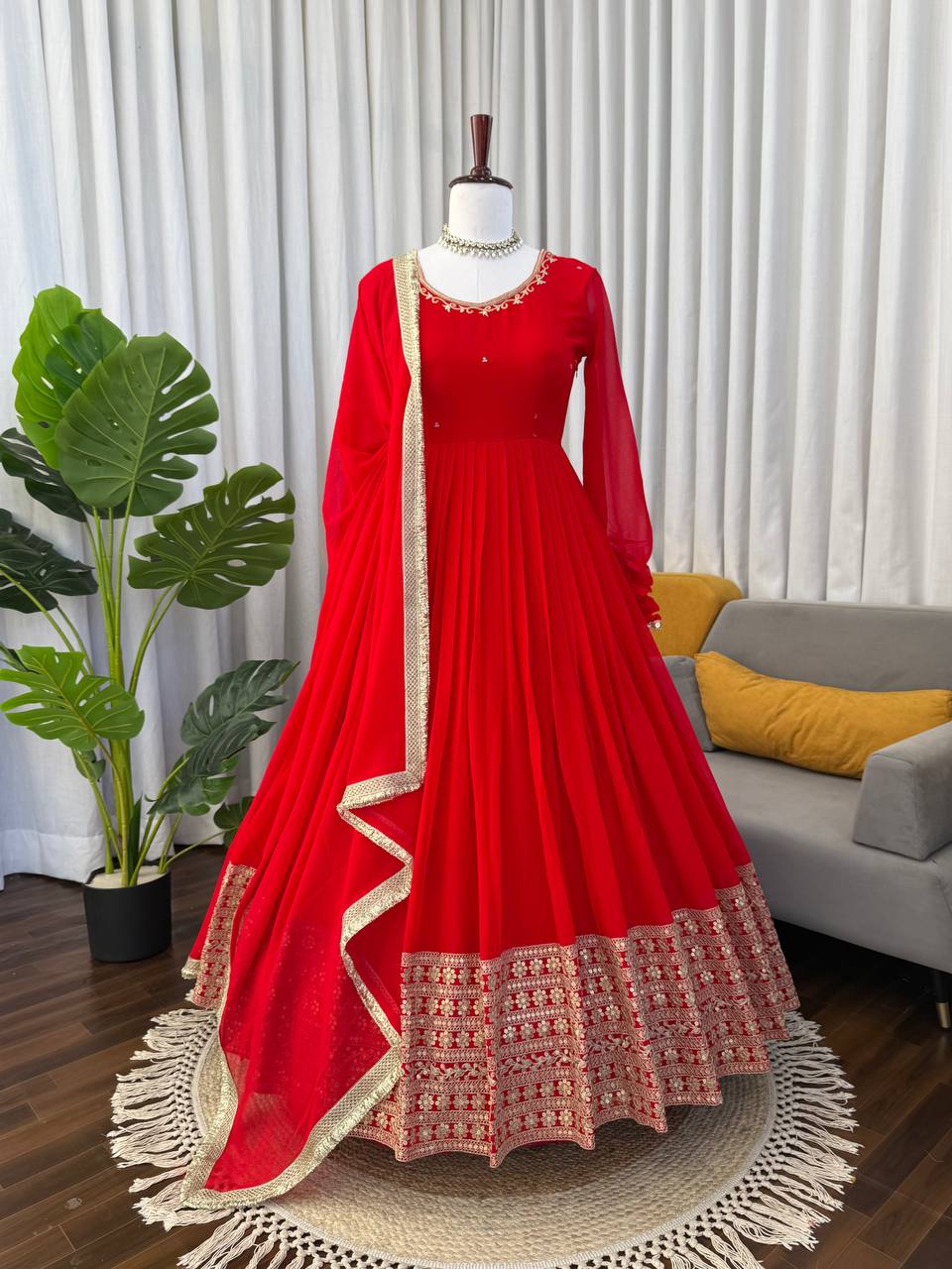 Red Anarkali Suit With Gold Embroidery