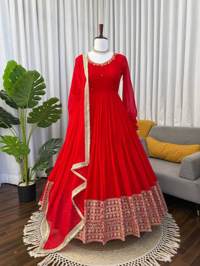 Red Anarkali Suit With Gold Embroidery