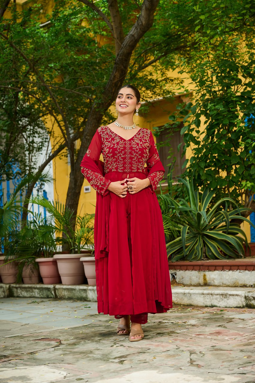 Traditional Red And Purple Embroidery Anarkali Duo