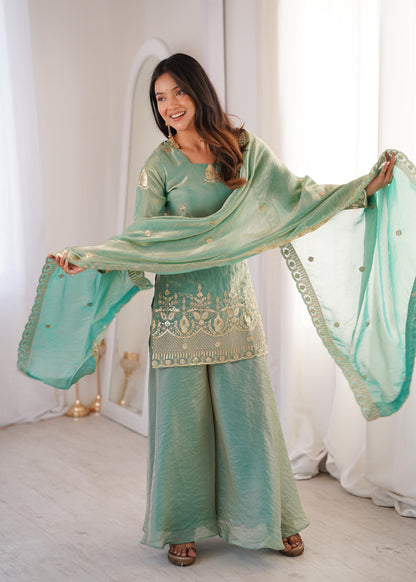 Heavy Gold Zari Embroidered Palazzo Suit Set With Dupatta