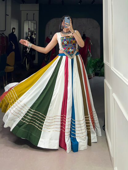 Multicolor Panelled Navratri Lehenga With Gota Patti Work And Mirror Choli