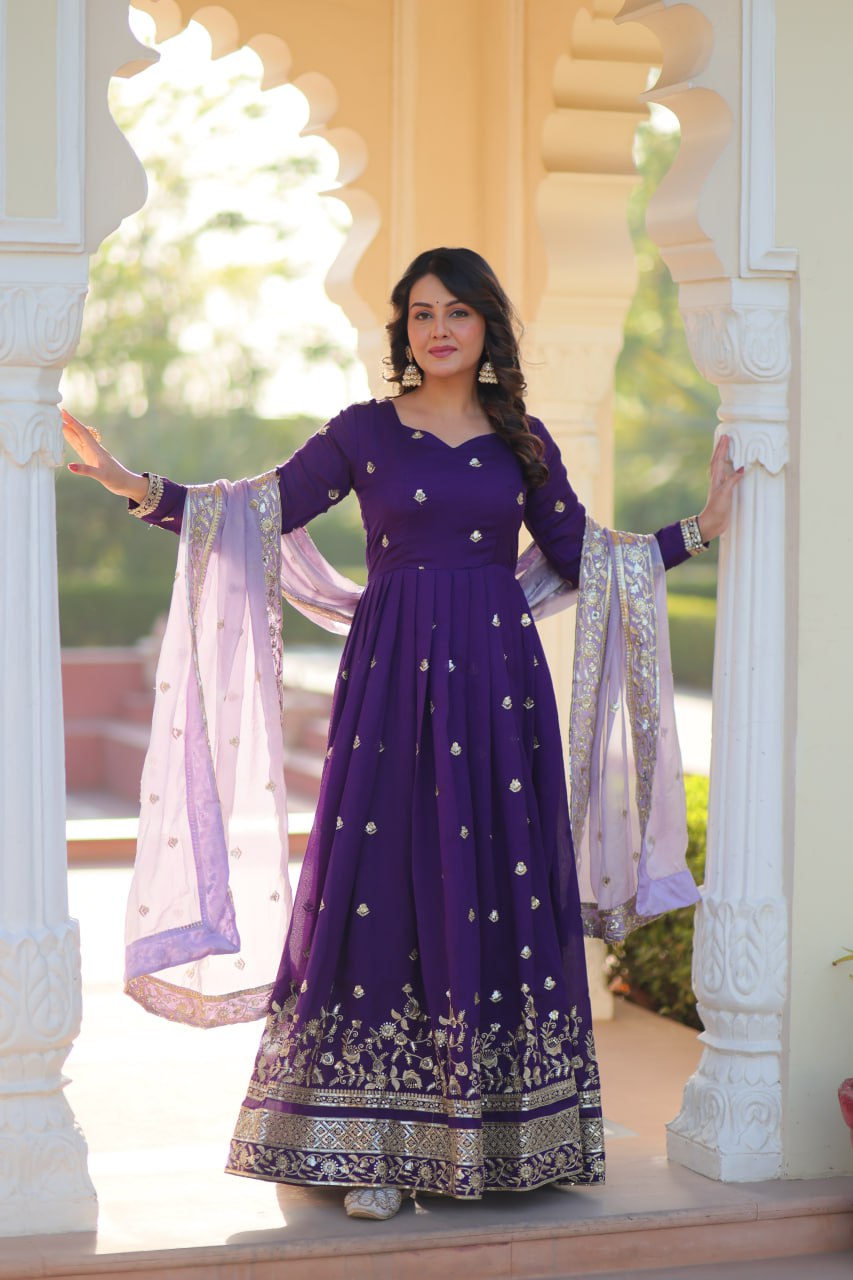 Purple Anarkiri With  Embroidery And Lavender Dupatta