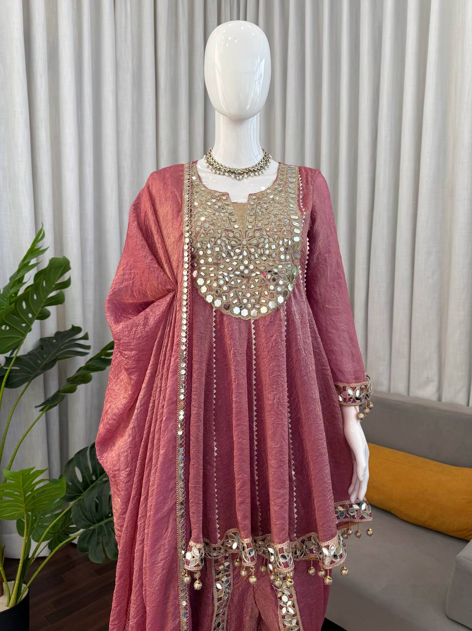 Rose Pink Mirror Work Short Anarkali Kurta With Dhoti Style Pants And Dupatta Set