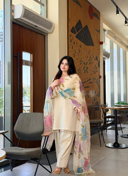 Elegant Off-White Salwar Suit With Multicolour Embroidered Dupatta