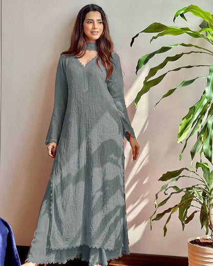 Grey Chikankari Kurti With Lace Detail And Full Length Ethnic Wear