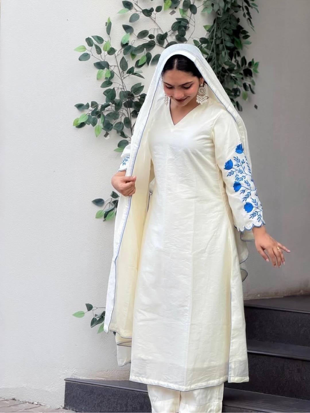 Elegant White Roman Silk Kurti With Blue Floral Embroidery On Sleeves And Matching Dupatta