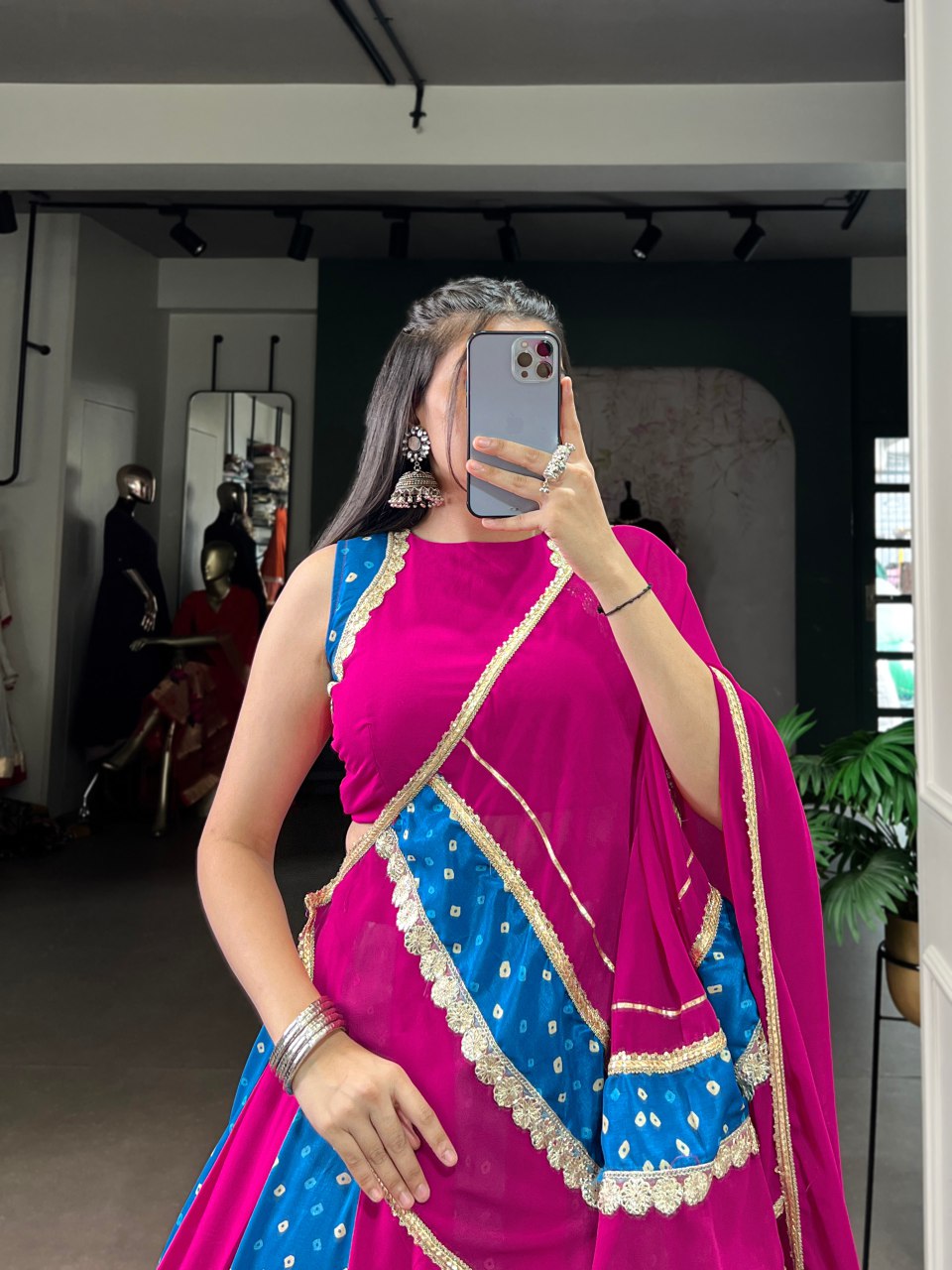 Magenta And Blue Bandhani Lehenga Choli With Mirror Lace Dupatta