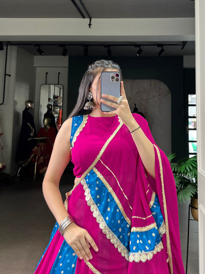 Magenta And Blue Bandhani Lehenga Choli With Mirror Lace Dupatta