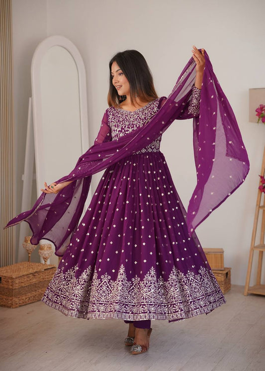 Purple Faux Georgette Anarkali Suit With Designer Embroidery