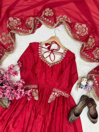 Royal Red Zari Embroidered Anarkali Gown Set With Dupatta