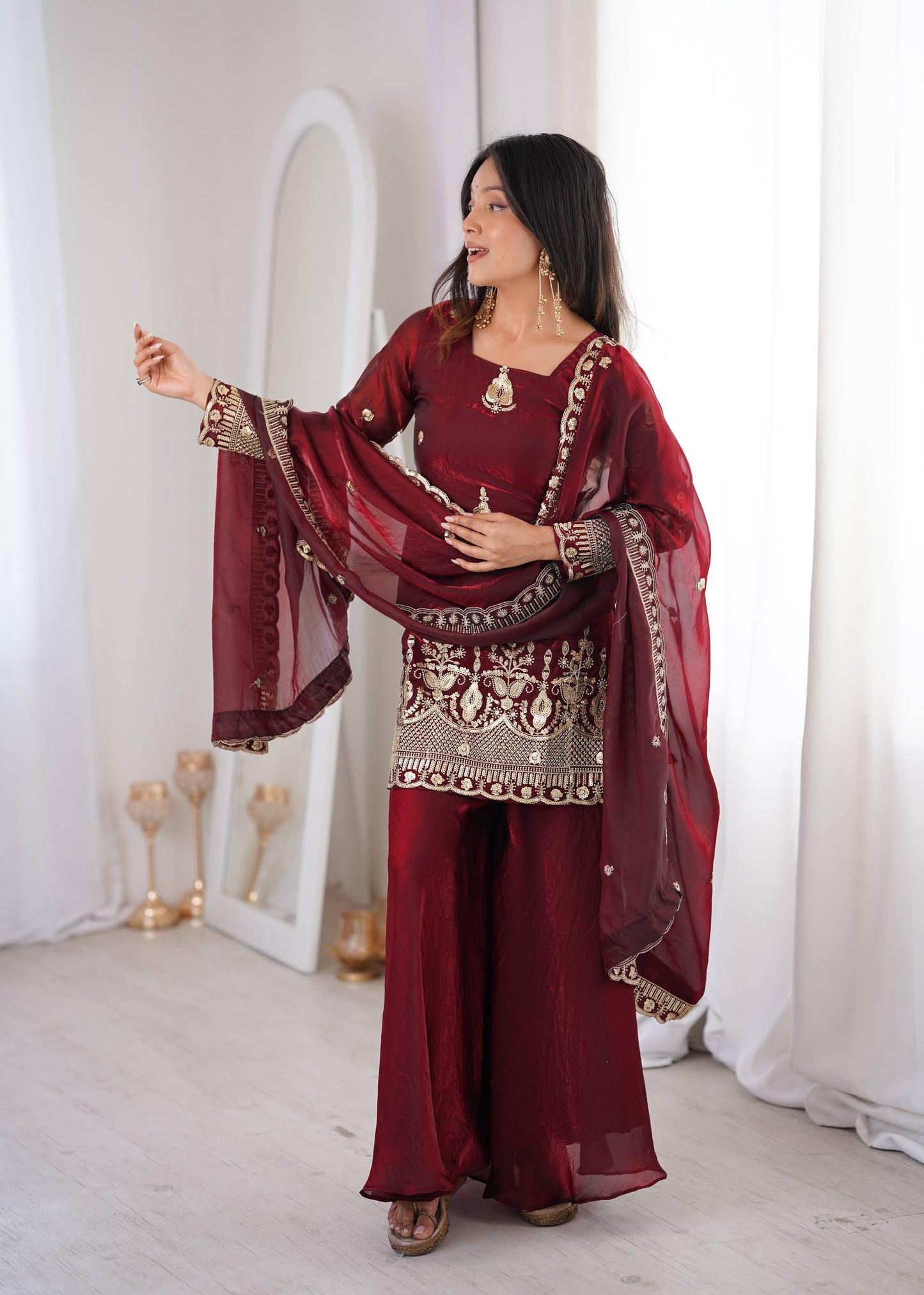 Maroon Embroidered Sharara Suit Set With Dupatta – Festive Ethnic Wear