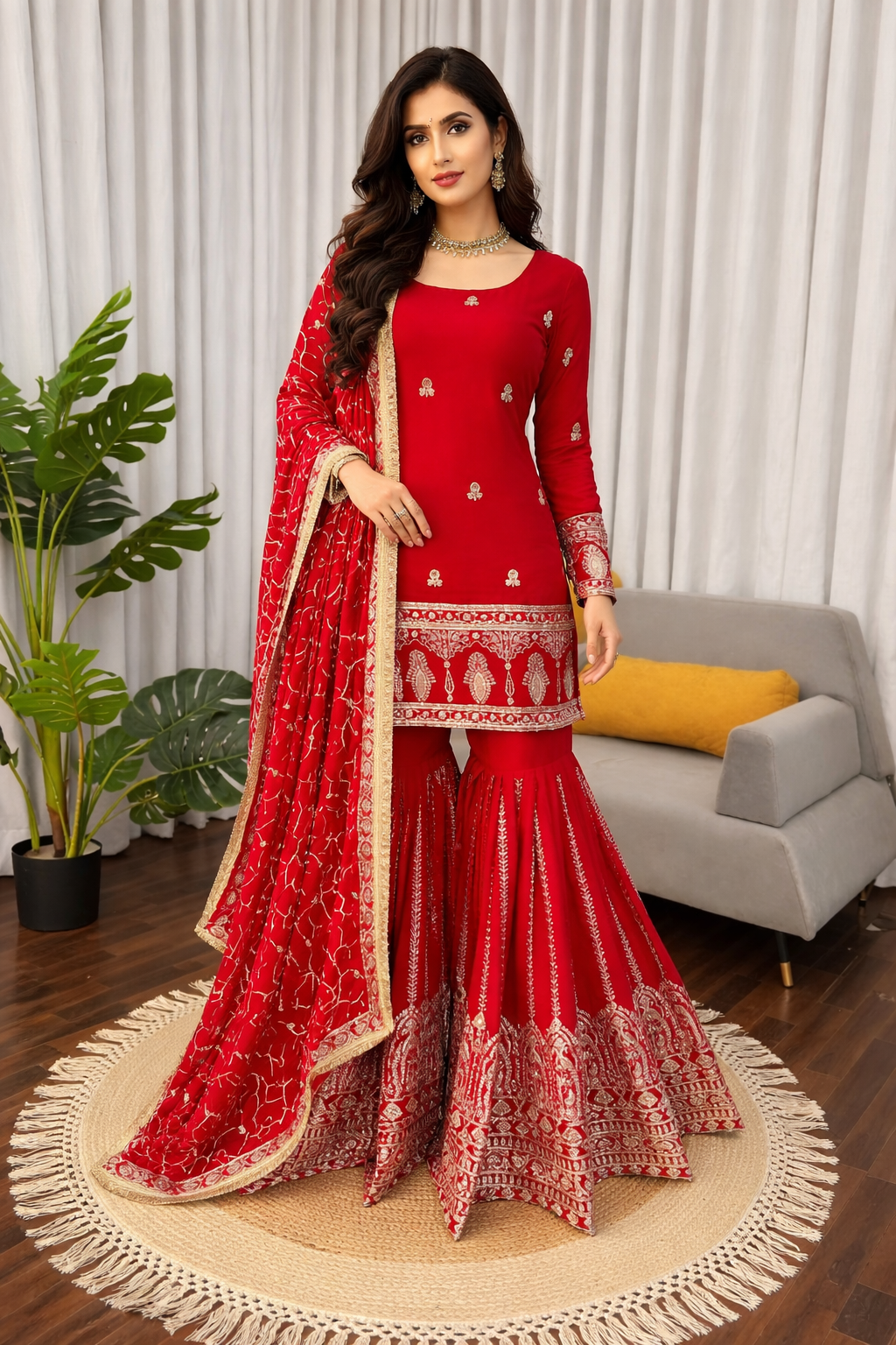 Red Sharara Suit With Gold Embroidery And Matching Dupatta 🎀