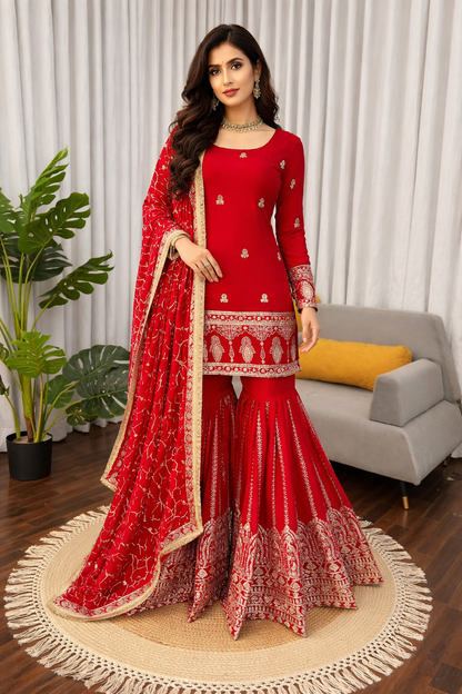 Red Sharara Suit With Gold Embroidery And Matching Dupatta 🎀