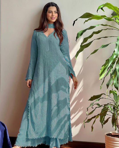 Teal Blue Chikankari Kurti With Lace Detail And Full Length Ethnic Wear