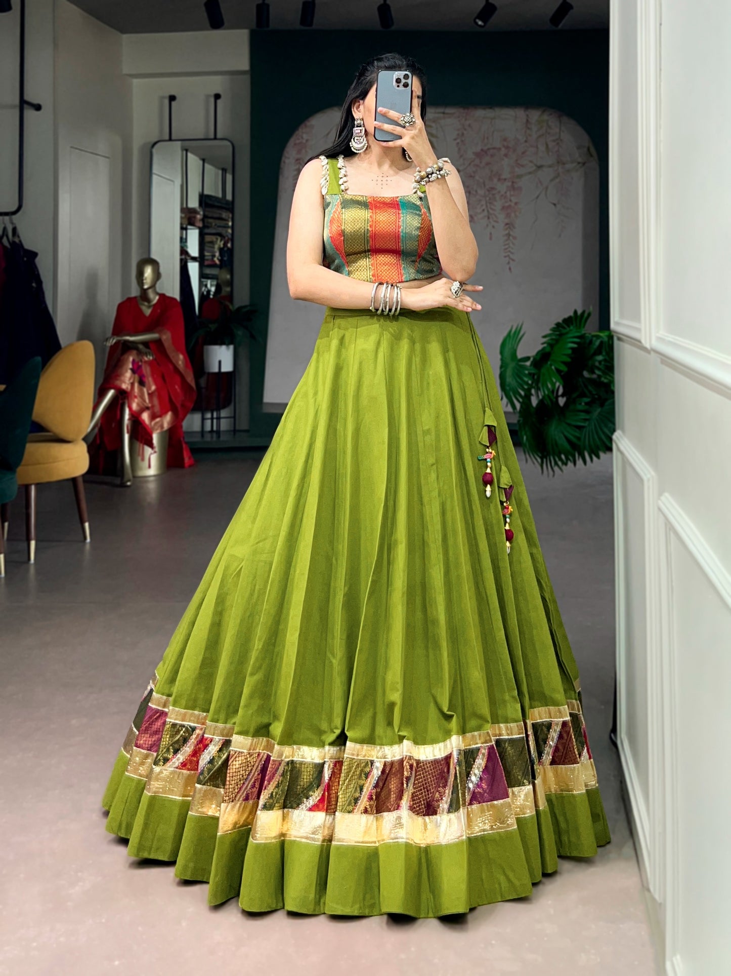5 Meter Flair Parrot Green Lehenga Choli With Patchwork Border