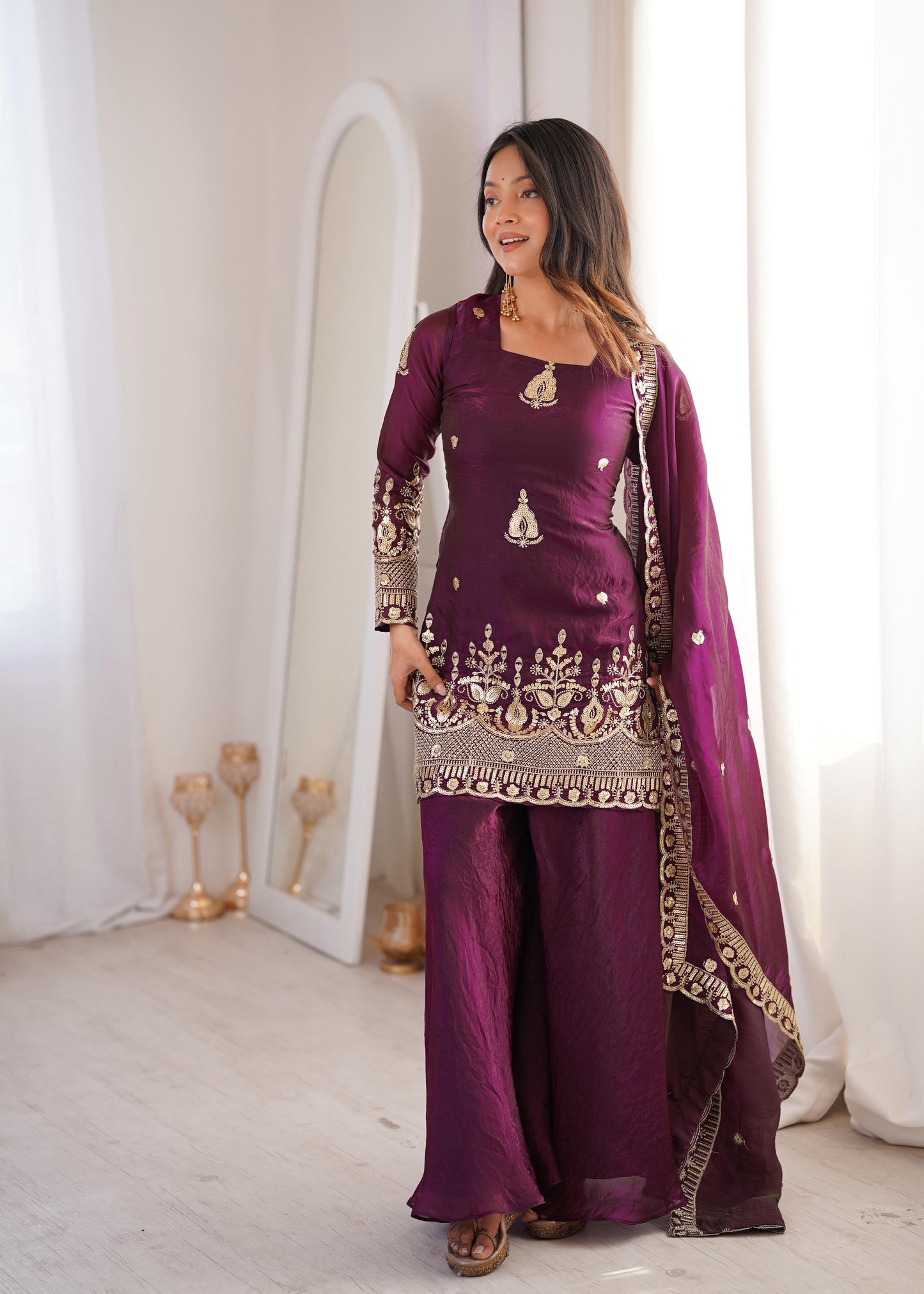 Heavy Gold Zari Embroidered Palazzo Suit Set With Dupatta