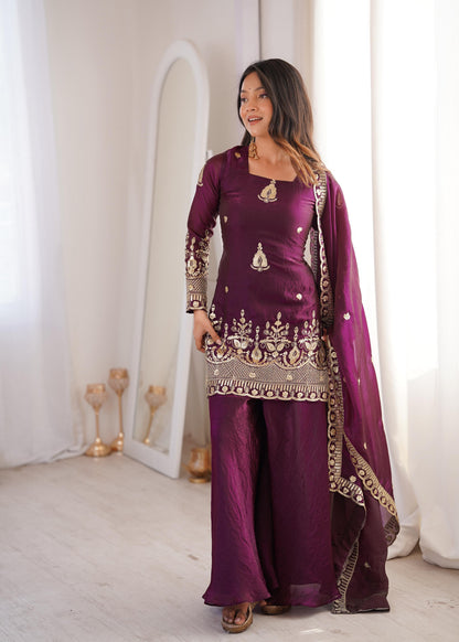 Heavy Gold Zari Embroidered Palazzo Suit Set With Dupatta