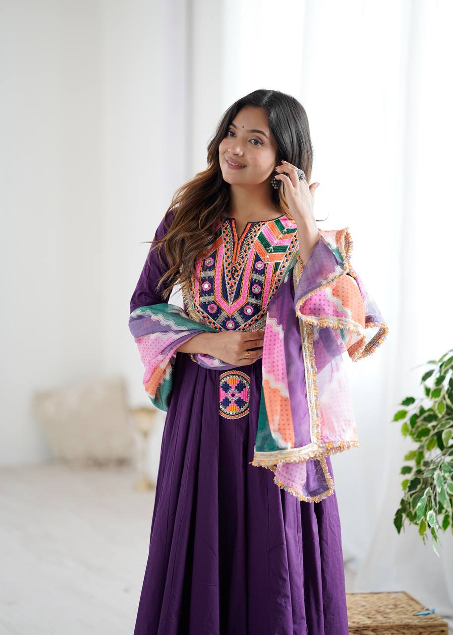 Purple Anarkali Suit With Colorful Embroidered And Dupatta