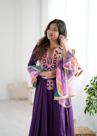 Purple Anarkali Suit With Colorful Embroidered And Dupatta
