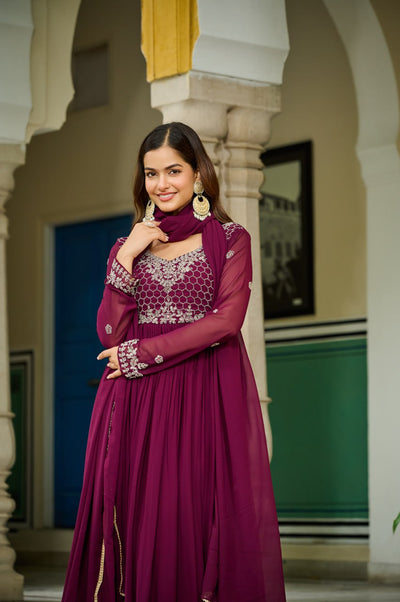Royal Plum With Embroidered Georgette Anarkali Set